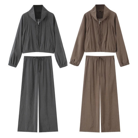 Damen Satin Freizeit Zweiteiler Set Kurze Stehkragen Reißverschluss Jacke Und Weites Bein Kordelzug Hose Sportliche Streetwear