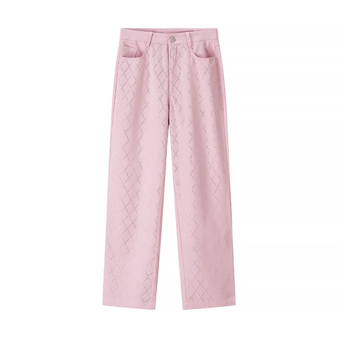 Pantaloni Jeans Donna Casual Rosa Denim con Strass Vita Alta Gamba Dritta Effetto Usurato Trama a Rombi Elegante Moda