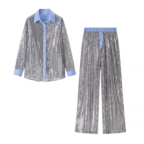 Women Fashion Sequin Long Sleeve Striped Patchwork Shirt And High Waist Wide Leg Pants Casual Party Streetwear Outfit