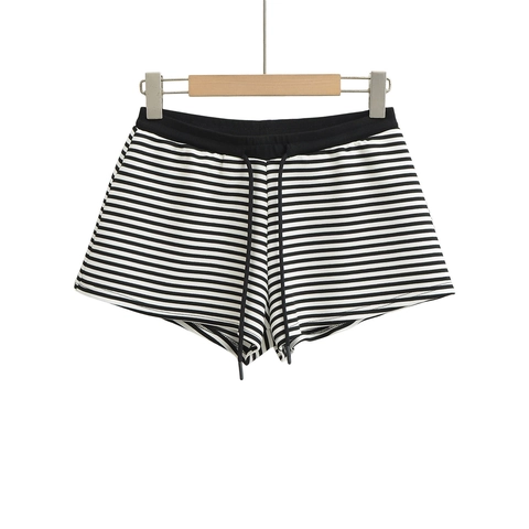 Pantaloncini da Donna alla Moda a Strisce Bianche e Nere Comodi a Vita Bassa con Coulisse in Maglia Estiva Casual Hot Pants da Donna