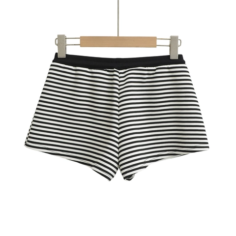 Pantaloncini da Donna alla Moda a Strisce Bianche e Nere Comodi a Vita Bassa con Coulisse in Maglia Estiva Casual Hot Pants da Donna