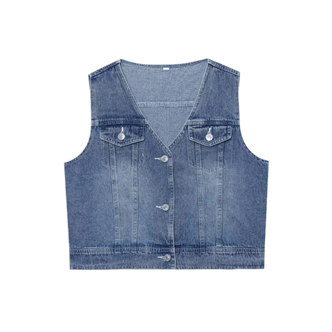 Women's Vintage Washed Denim Vest V-Neck Short Sleeveless Jacket Single Breasted Denim Blue Casual Streetwear Waistcoat Top