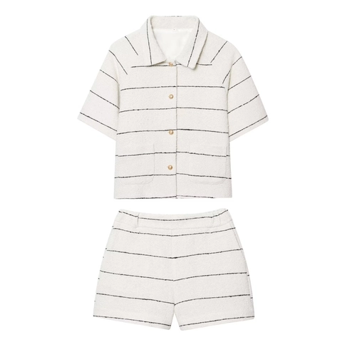 Damen Elegant Gestreift Tweed Outfit Kurzarm Goldene Knöpfe Blazer Und Hohe Taille Shorts Zweiteiler Set Streetwear