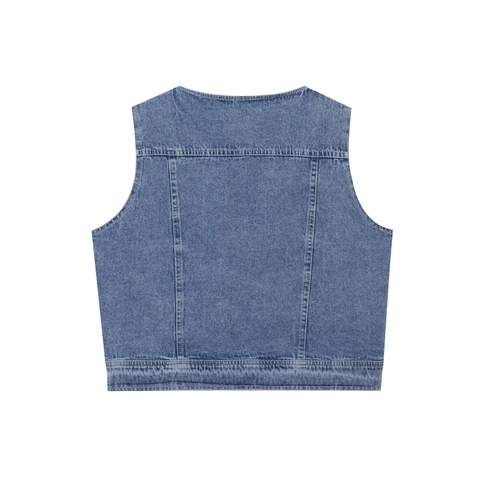 Women's Vintage Washed Denim Vest V-Neck Short Sleeveless Jacket Single Breasted Denim Blue Casual Streetwear Waistcoat Top