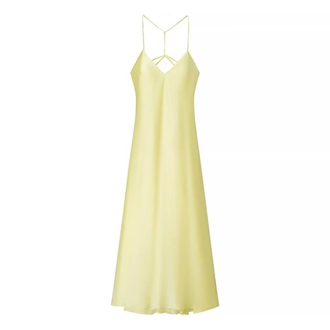 Damen Elegant Hellgelb Satin Midi Kleid Sexy Rückenfrei Kreuzriemen V-Ausschnitt Ärmellos A-Linie Party Trägerkleid