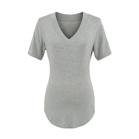 Dames Casual V-Hals Korte Mouw T-Shirt Slanke Pasvorm Afgeronde Zoom Basis Effen Kleur Katoenmix Mode Top