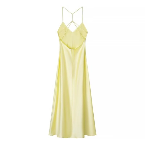 Damen Elegant Hellgelb Satin Midi Kleid Sexy Rückenfrei Kreuzriemen V-Ausschnitt Ärmellos A-Linie Party Trägerkleid