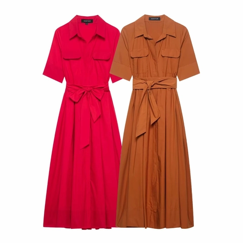 Abito a Camicia Elegante Donna Manica Corta Tinta Unita Collo a Revers Linea a A con Fiocco in Vita Tasche Utility