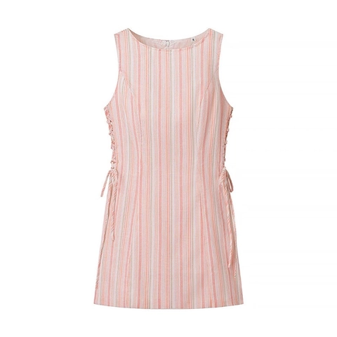 Women's Sleeveless Striped Mini Dress Side Lace Up Round Neck Summer Casual Pink White Orange Polyester A-Line Dress