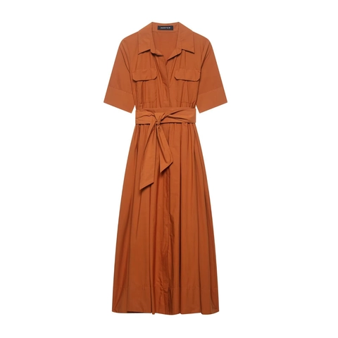 Abito a Camicia Elegante Donna Manica Corta Tinta Unita Collo a Revers Linea a A con Fiocco in Vita Tasche Utility