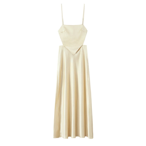 Eleganter Satin Spaghetti Träger Maxikleid Für Damen Sexy Ausschnitt Rückenfrei Schleife A-Linie Abendparty Langes Kleid