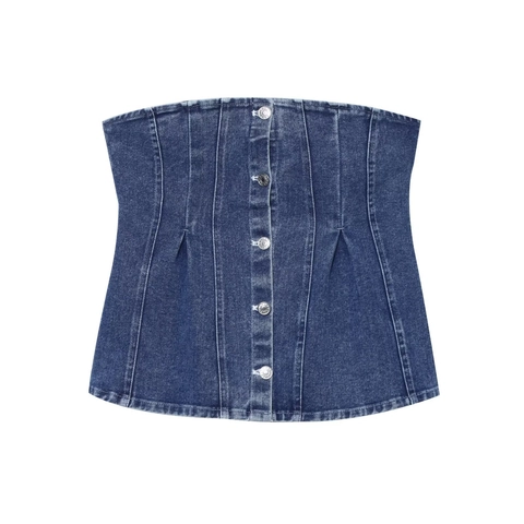 Top Bustino in Denim Lavato Senza Spalline da Donna Sexy Slim Fit Monopetto Corsetto Crop Top Y2K Streetwear Top Blu Denim
