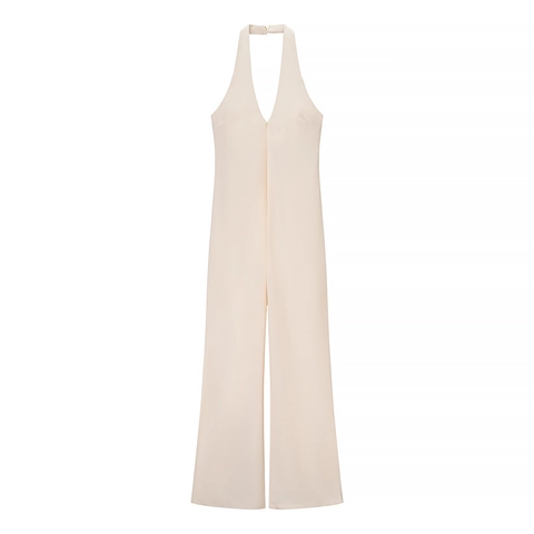 Elegant Halter Neck Deep V Wide Leg Jumpsuit For Women Sexy Backless Chenille Apricot Solid Color Spring Summer Party Outfit