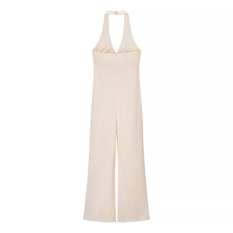 Elegant Halter Neck Deep V Wide Leg Jumpsuit For Women Sexy Backless Chenille Apricot Solid Color Spring Summer Party Outfit
