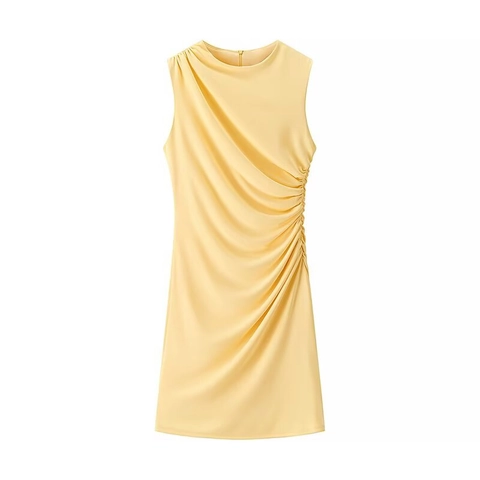 Elegantes Damen Ärmellos Gerafft Minikleid Satin Optik TR Polyester Rundhals Slim Fit Sexy Party Bankett Kurzes Kleid