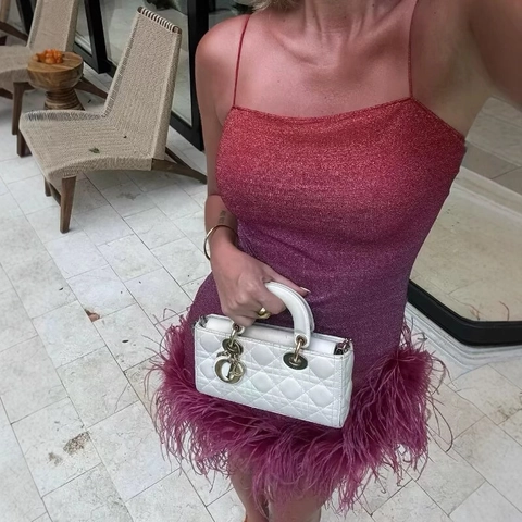 Sexy Damen Pailletten Kleid Mit Lila Verlauf Minirock Mit Federbesatz Spaghettiträger Asymmetrisch Party Abend Club Bodycon