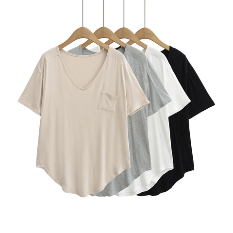 Damen Casual V-Ausschnitt Kurzarm T-Shirt Mit Tasche Abgerundeter Saum Einfarbig Polyester Elasthan Strickoberteil Für Alltag