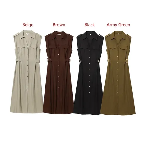 Women Sleeveless Lapel Button Down Linen Cotton Midi Dress With Belt Workwear Cargo Style Pockets Solid Color Casual Summer Dress