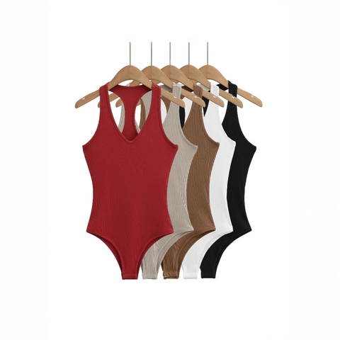 Women Sexy Racerback Ribbed Knit Sleeveless Bodysuit Slim Fit V-Neck Solid Color Basic Bodysuit Tank Top Jumpsuit