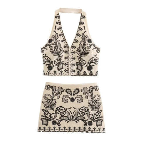 Top Cropped con Scollo all'Americana e Ricamo con Minigonna Etnico Floreale in Misto Cotone Top Senza Maniche e Gonna Primavera Estate