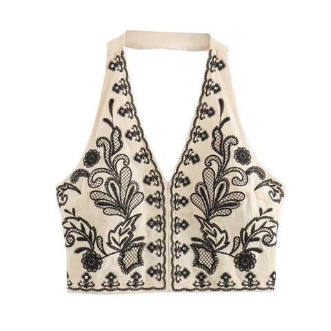 Top Cropped con Scollo all'Americana e Ricamo con Minigonna Etnico Floreale in Misto Cotone Top Senza Maniche e Gonna Primavera Estate
