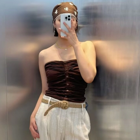 Top de Tubo Fruncido para Mujer Palabra de Honor Espalda Descubierta Ajustado con Botones Color Sólido Algodón Lino Crop Top