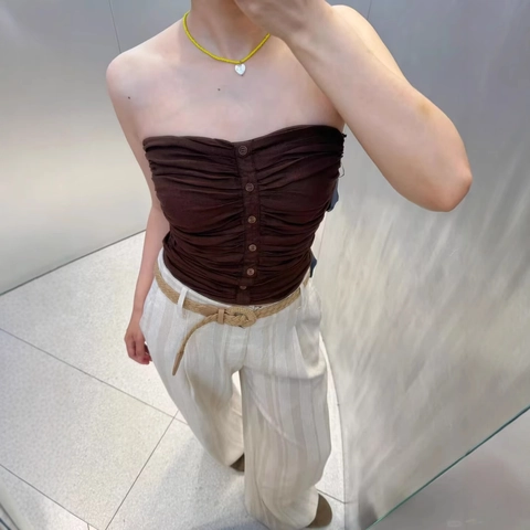 Top de Tubo Fruncido para Mujer Palabra de Honor Espalda Descubierta Ajustado con Botones Color Sólido Algodón Lino Crop Top