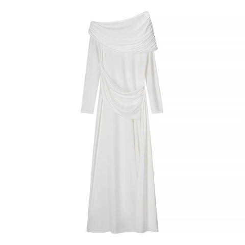 Elegant Women White Long Sleeve Off Shoulder Ruched Cowl Neck Floor Length Maxi Dress Solid Minimalist Evening Party Gown