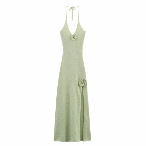 Halter V-Neck Knit Maxi Dress With 3D Crochet Flower Side Slit Sleeveless Backless Solid Color Summer Vacation Dress For Women
