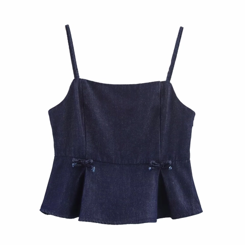 Damen Casual Denim Peplum Top Mit Eckigem Ausschnitt Ärmellos Slim Fit Tiefblau Schleife Gerippt Polyester Tank Top Streetwear