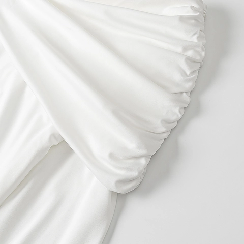 Elegant Women White Long Sleeve Off Shoulder Ruched Cowl Neck Floor Length Maxi Dress Solid Minimalist Evening Party Gown
