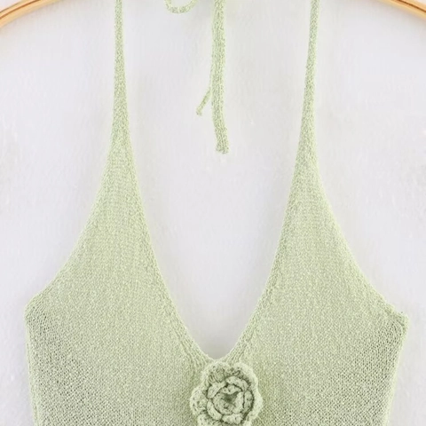 Halter V-Neck Knit Maxi Dress With 3D Crochet Flower Side Slit Sleeveless Backless Solid Color Summer Vacation Dress For Women