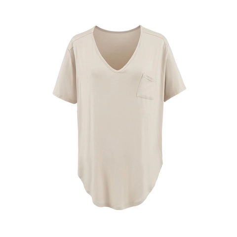 Damen Casual V-Ausschnitt Kurzarm T-Shirt Mit Tasche Abgerundeter Saum Einfarbig Polyester Elasthan Strickoberteil Für Alltag