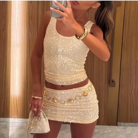 Completo Due Pezzi da Donna Sexy con Paillettes Canotta Senza Maniche e Minigonna Party Clubwear Vacanza Vestibilità Aderente