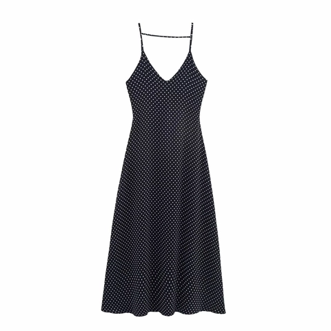 Damen Sexy V-Ausschnitt Gepunktetes Spaghetti-Träger Maxikleid Sommer Casual A-Linie Ärmellos Party Strand Langes Kleid