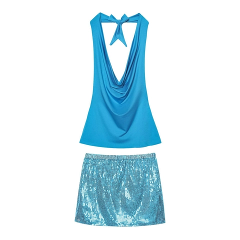 Women's Sexy Royal Blue Halter Neck Cowl Neck Backless Satin Top And Sequined Mini Skirt Party Club Night Out Outfits