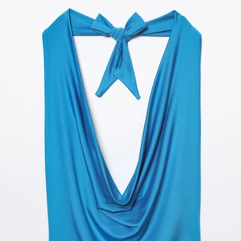 Women's Sexy Royal Blue Halter Neck Cowl Neck Backless Satin Top And Sequined Mini Skirt Party Club Night Out Outfits