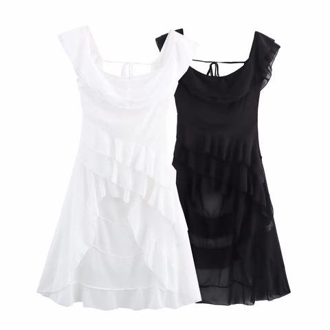 Damen Elegant Eckiger Ausschnitt Schulterfrei Gestuft Rüschen Midi Kleid Sexy Rückenfrei High Low Irregular Saum Sommer Urlaub Kleid