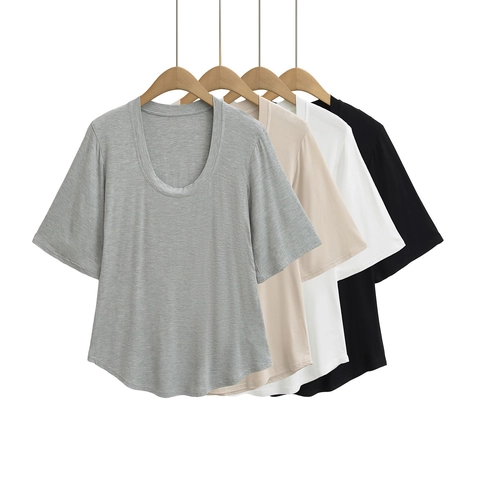 Dames U-Hals Korte Mouw T-Shirt Minimalistisch Effen Kleur Gebogen Zoom Polyester Basis Top Casual Woon-Werkverkeer
