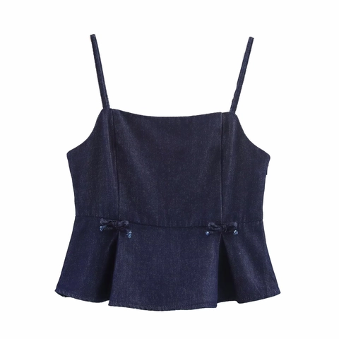 Damen Casual Denim Peplum Top Mit Eckigem Ausschnitt Ärmellos Slim Fit Tiefblau Schleife Gerippt Polyester Tank Top Streetwear