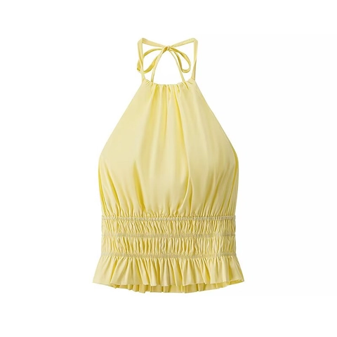 Women Vintage Halter Neck Camisole Summer Smocked Tank Top With Ruffle Hem Lemon Yellow Sleeveless Backless Mesh Crop Top