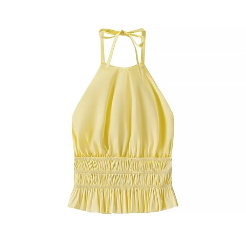 Women Vintage Halter Neck Camisole Summer Smocked Tank Top With Ruffle Hem Lemon Yellow Sleeveless Backless Mesh Crop Top