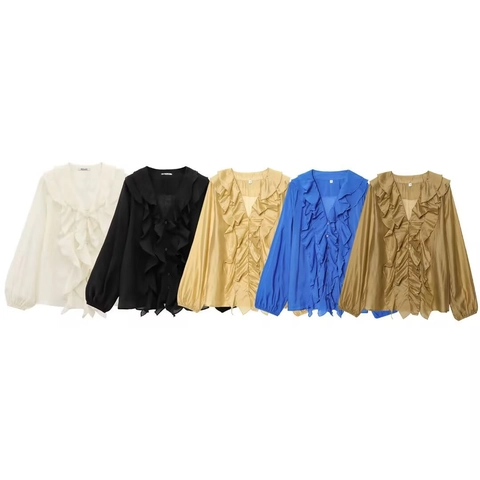 Dames V-hals Ruffle Lange Mouw Blouse Satin Look Elegant Frans Vintage Knoopsluiting Effen Kleur Shirt Losse Tops