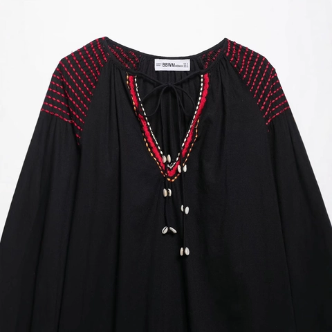 Damen Ethnisch Blumenstickerei Midikleid Langarm V-Ausschnitt Boho Stil Vintage Bestickt Locker Schwarz Kleid Mit Muschel Quasten