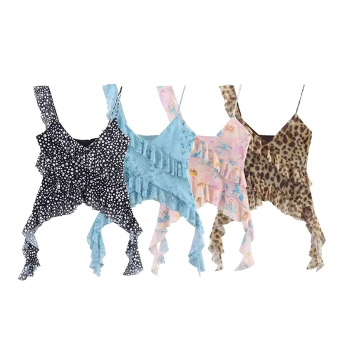 Top Crop de Malla con Volantes Asimétricos para Mujer Sexy Estampado de Leopardo Floral Tirantes Verano Sin Mangas
