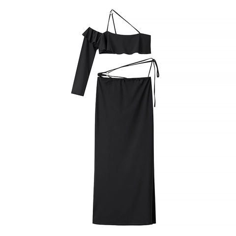Damen Sexy Schulterfrei Rüschen Crop Top Und Maxi Rock Set Mit Künstliche Perlen Detail Schwarz Polyester Party Clubwear
