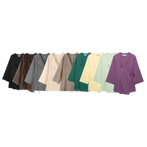 Completo Donna in Lino Blazer con Scollo a V e Pantaloni a Gamba Larga Casual Vita Alta con Fiocco Laterale Pantaloni con Spacco