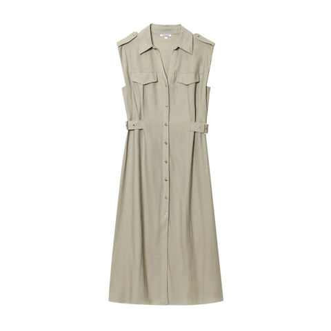 Women Sleeveless Lapel Button Down Linen Cotton Midi Dress With Belt Workwear Cargo Style Pockets Solid Color Casual Summer Dress