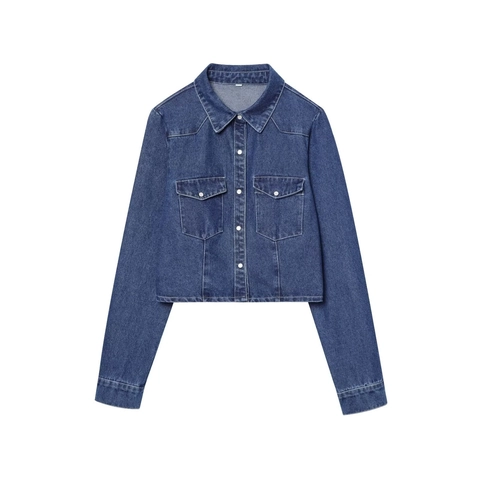 Women's Cropped Denim Jacket Long Sleeve Button Up Dark Blue Washed Denim Coat With Turn Down Collar And Pockets For Daily