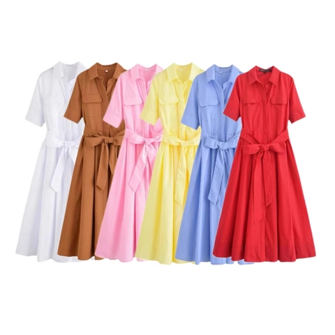 Dames Casual Shirtjurk Met Korte Mouwen Met Riem Reverskraag Knopen Aan De Voorkant Dubbele Zakken Effen Gestreepte Midi-Jurk